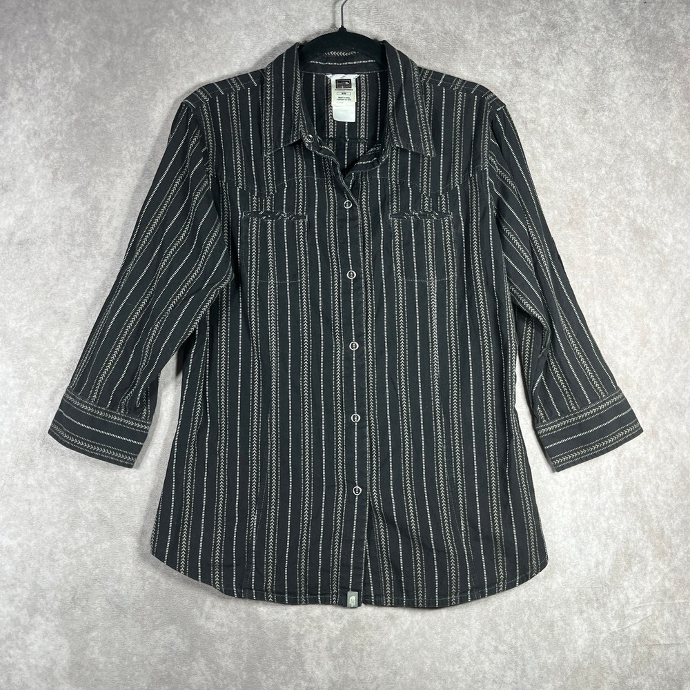 The North Face Shirt Womens Medium Black White Striped Snap Front 3/4 Sleeves